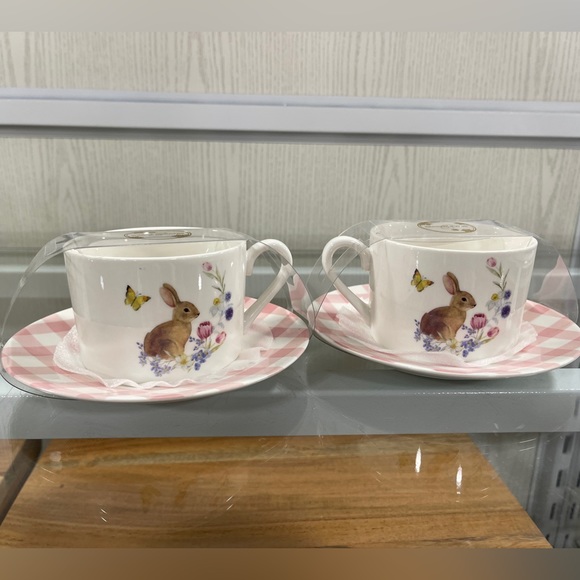 Gracie Teaware Easter Bunny Pink Gingham Porcelain Tea & Saucer Set of 2 NWT - Picture 2 of 4